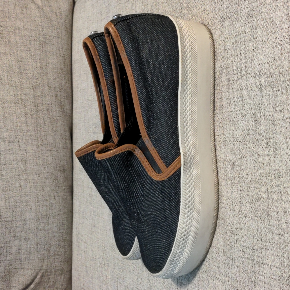 Michael Kors dark wash denim 1 1/2 inch platform slip-on sneaker/loafers…